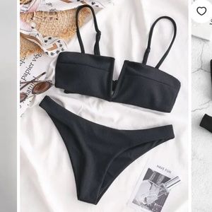 ZAFUL Knot V-wired Ribbed Bikini Set - Black S
